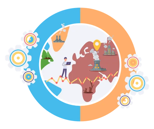 Global pollution problem. Influence of factories around the world. Impact of human activity  Illustration