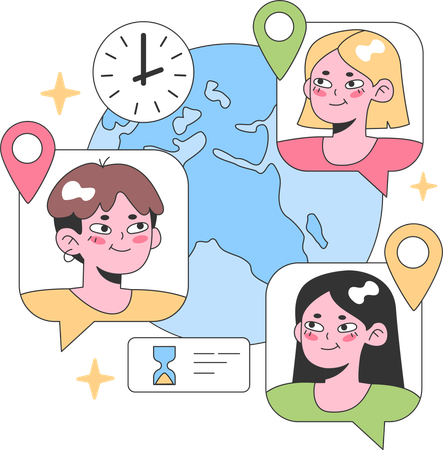 Global teammates interact across time zones  Illustration