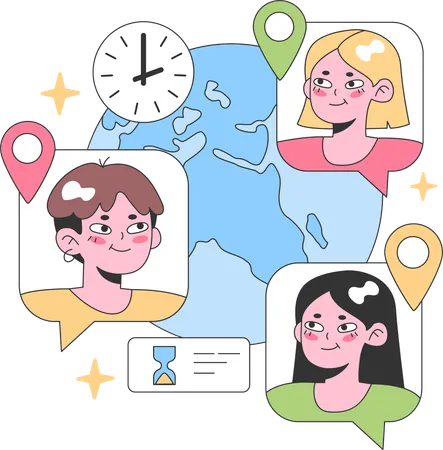 Global teammates interact across time zones  Illustration