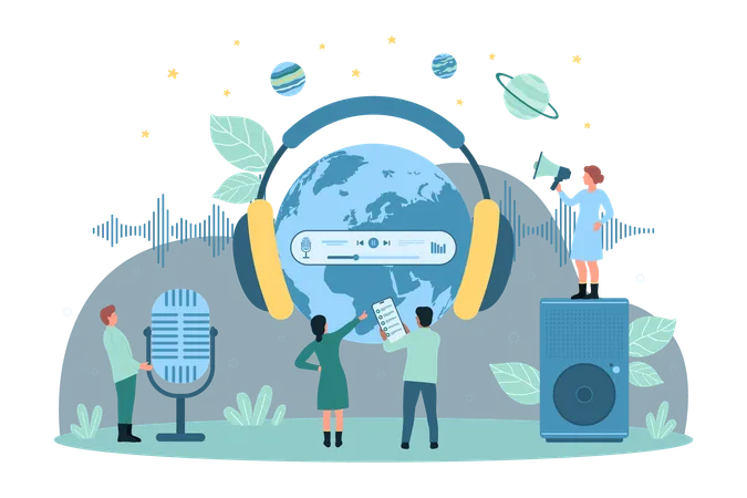 Cartoon Tiny People Pointing On Earth Globe With Headphones Using Speakers And Microphone To Record Radio Podcasts Music And Voice Global Telecommunication Sound Recording Dark Vector Illustration Illustration