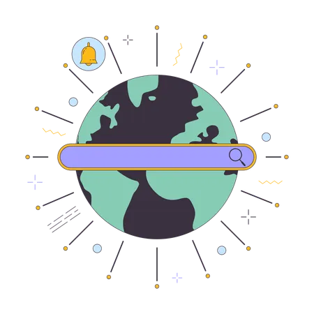 Global Web Search 2 D Linear Illustration Concept Earth Globe With Text Bar And Notification Sign Cartoon Object Isolated On White International Data Metaphor Abstract Flat Vector Outline Graphic イラスト