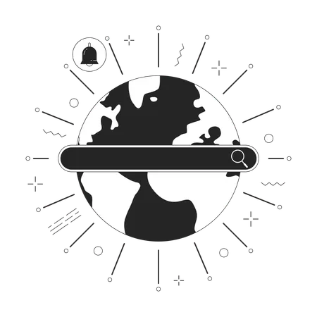 Global Web Search 2 D Linear Illustration Concept Earth Globe With Text Bar And Notification Sign Cartoon Outline Object Isolated On White International Data Metaphor Monochrome Vector Art イラスト