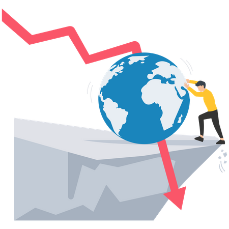 Globale wirtschaftliche Risiken, Politik, Krieg, Inflation, Auswirkungen der Zinspolitik der Fed, Volatilität an den Aktienmärkten, Geschäftsleute versuchen mit aller Kraft, den Globus vor dem Absturz zu bewahren  Illustration