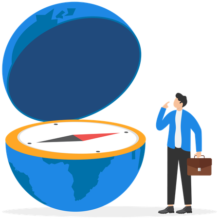 Globe divided into two halves and compass with red arrow  Illustration