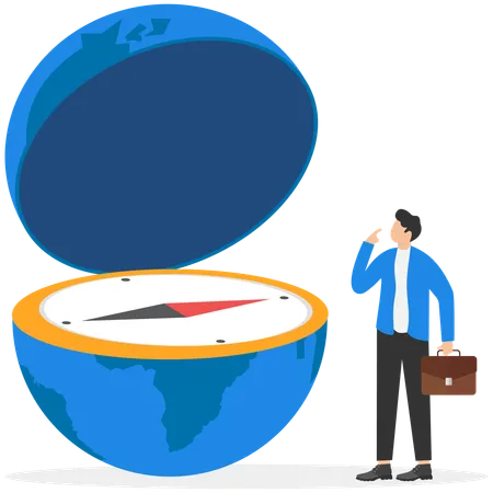 Globe divided into two halves and compass with red arrow  Illustration