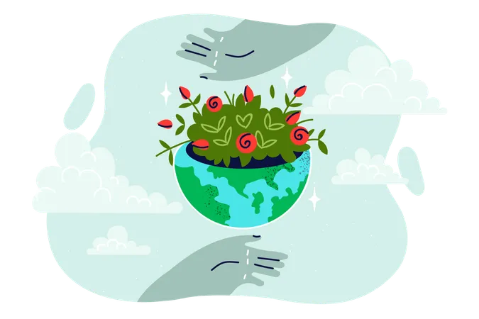 Globe With Green Plants Symbolizing Environmental Sustainability And Stability Near People Hands And Clouds Concept Caring For Environment To Save Environment From Pollution And Harmful Emissions Illustration