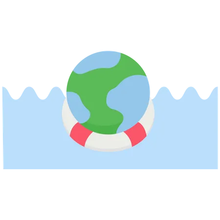 Globo flotante con un aro salvavidas en el mar  Ilustración