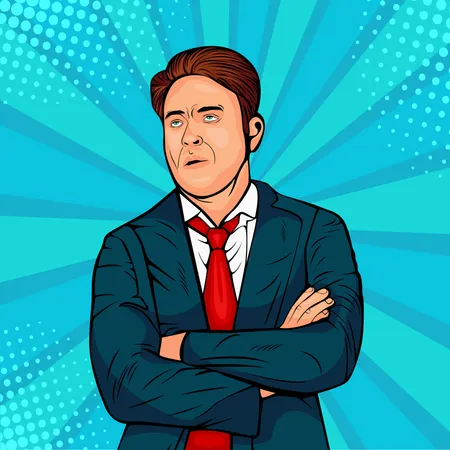 Gloomy caucasian male frowns face, looking upwards, pouting lips, being tired. Man expresses annoyance and dissatisfaction. Pop art retro comic style vector illustration. Internet meme Illustration
