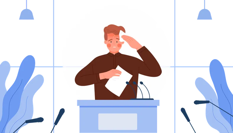 Nervous Man Feeling Fear And Anxiety Before Stage Speech Glossophobia Disorder Male Speaker Standing At Podium And Speaking Into Microphone With Drops Of Sweat On Face Cartoon Vector Illustration Illustration