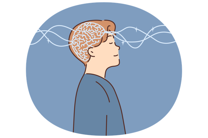 Glowing brain in head of man closing eyes for psychological health and meditation  Illustration