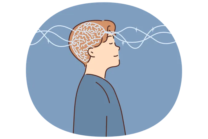 Glowing brain in head of man closing eyes for psychological health and meditation  Illustration