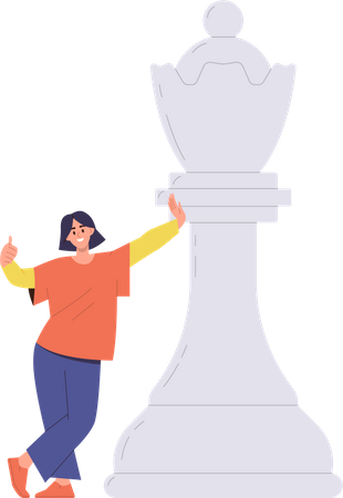 Glücklich lächelnde Frau steht neben einer riesigen Schachfigur  Illustration