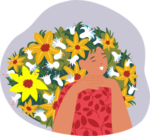 Glücklich lächelnde hübsche Frau mit Frisur in Blumen  Illustration