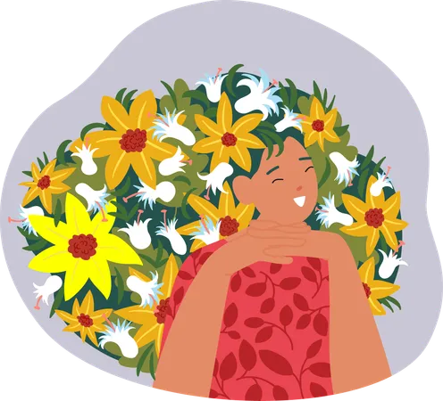 Glücklich lächelnde hübsche Frau mit Frisur in Blumen  Illustration