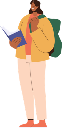 Glücklich lächelnde Studentin liest Buch im Stehen mit Tasche  Illustration