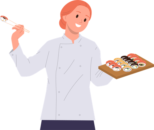 Glücklich lächelnder Sushi-Meister in Uniform präsentiert neues köstliches Meeresfrüchte-Set  Illustration