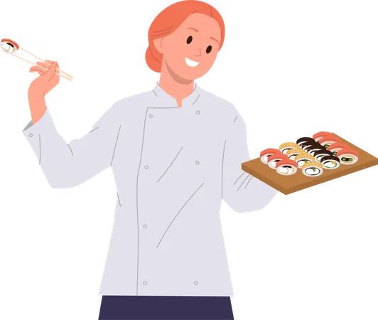 Glücklich lächelnder Sushi-Meister in Uniform präsentiert neues köstliches Meeresfrüchte-Set  Illustration