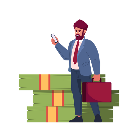 Glücklich reicher Geschäftsmann mit Handy  Illustration