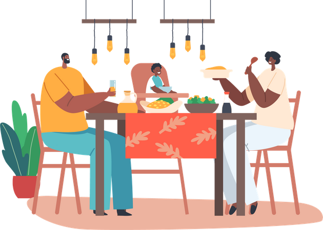 Glückliche afrikanische Familie beim gemeinsamen Abendessen  Illustration
