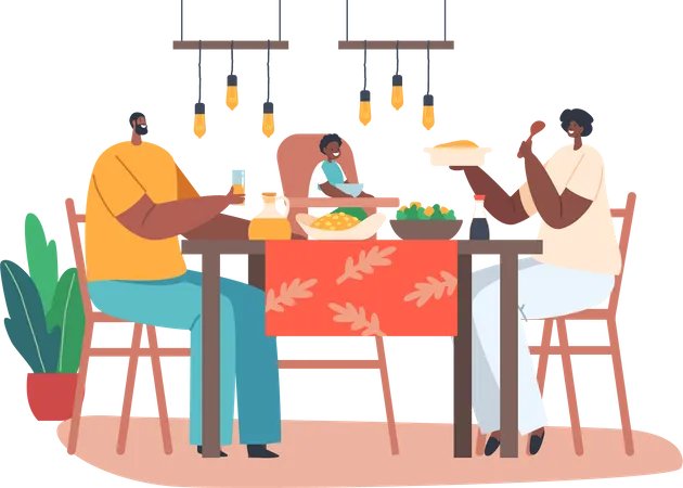 Glückliche afrikanische Familie beim gemeinsamen Abendessen  Illustration