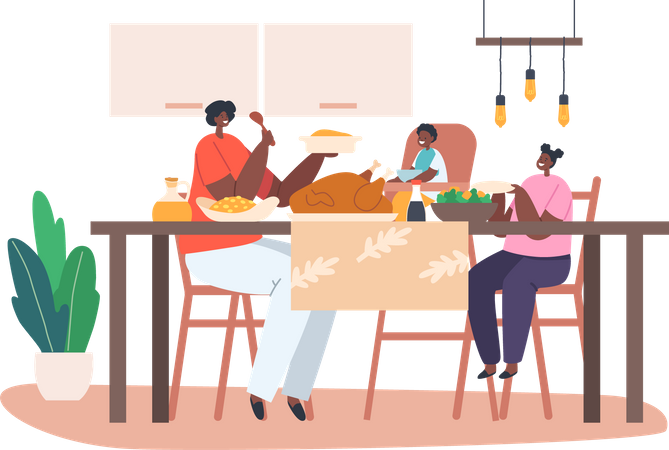 Glückliche afrikanische Mutter und kleine Kinder beim Abendessen am Tisch mit Essen  Illustration