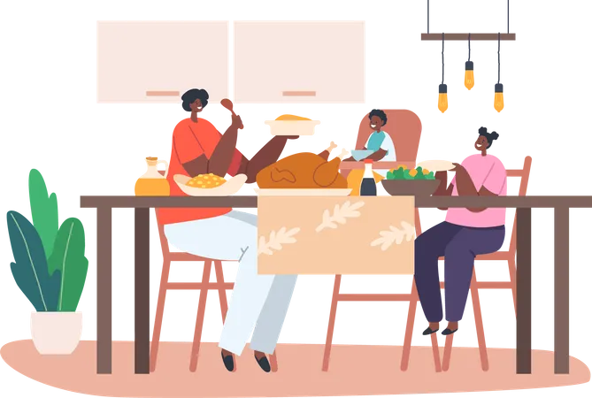 Glückliche afrikanische Mutter und kleine Kinder beim Abendessen am Tisch mit Essen  Illustration