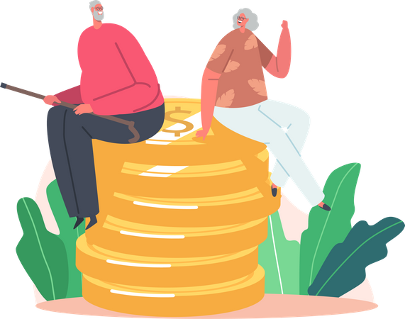 Glückliche ältere Charaktere sitzen auf einem riesigen Haufen Münzen  Illustration
