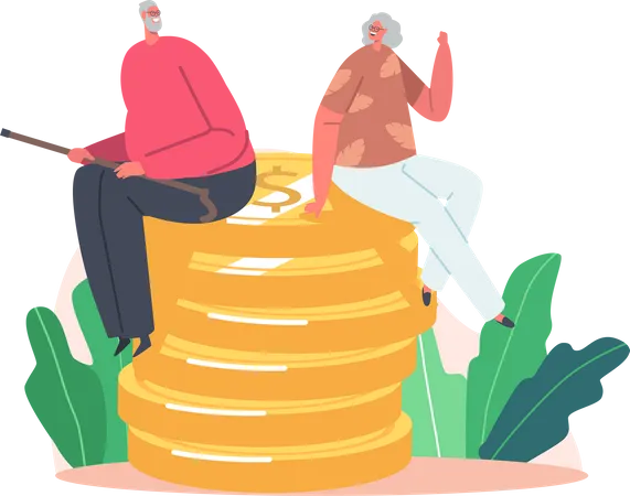 Glückliche ältere Charaktere sitzen auf einem riesigen Haufen Münzen  Illustration