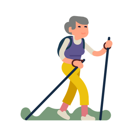 Glückliche ältere Frau bei einem langen Spaziergang mit Spazierstöcken beim Wandern oder Trekking  Illustration
