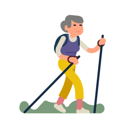 Glückliche ältere Frau bei einem langen Spaziergang mit Spazierstöcken beim Wandern oder Trekking  Illustration