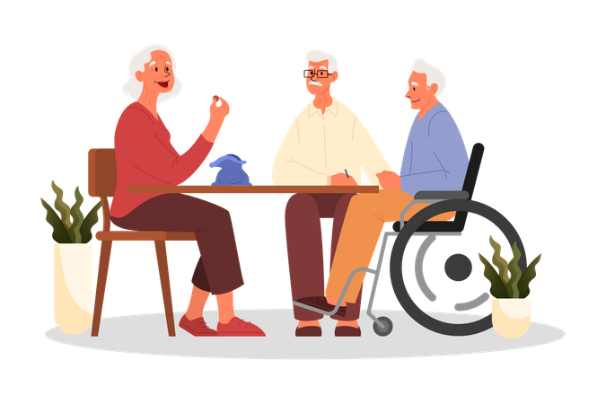 Glückliche ältere Menschen spielen zusammen Bingo  Illustration