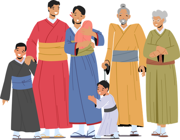 Glückliche asiatische Familie steht zusammen  Illustration