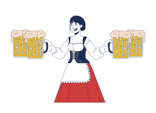 Glückliche asiatische Kellnerin hält Craft-Beer-Krüge  Illustration