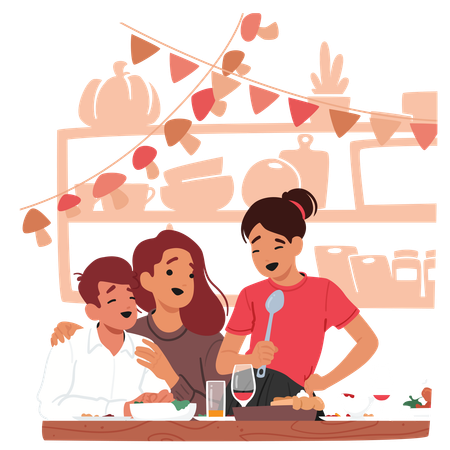 Glückliche Familie genießt gemeinsam Thanksgiving-Dinner  Illustration