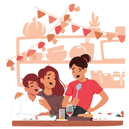 Glückliche Familie genießt gemeinsam Thanksgiving-Dinner  Illustration