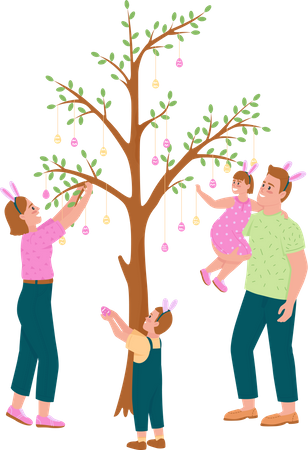 Glückliche Familie hängt Ostereier an den Baum  Illustration