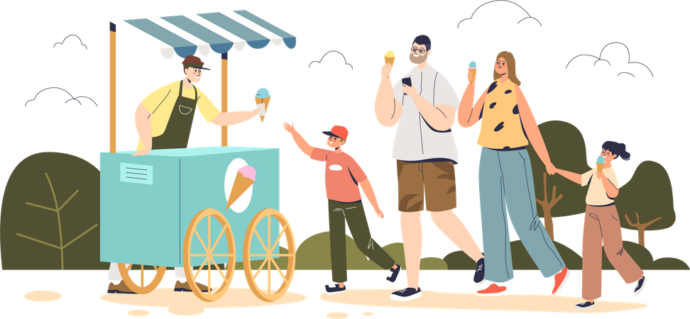 Glückliche Familie kauft Eis am Kiosk  Illustration
