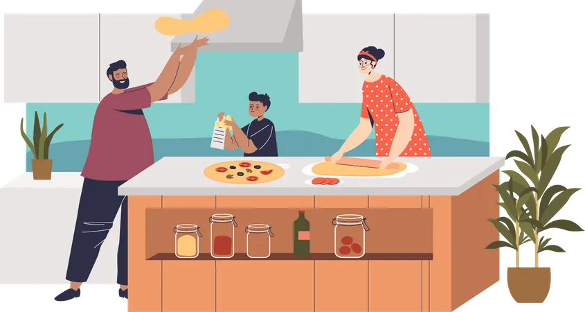 Glückliche Familie, die zusammen Pizza kocht  Illustration