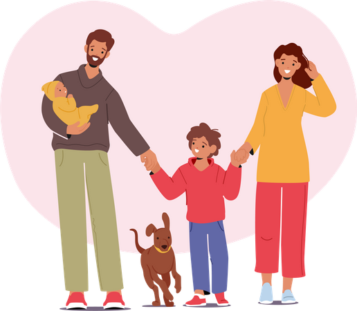 Glückliche Familie beim gemeinsamen Spaziergang  Illustration