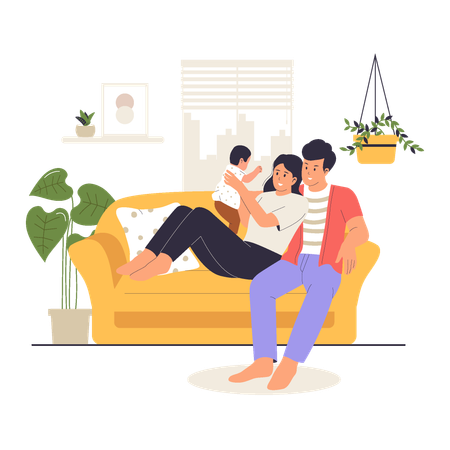 Glückliche Familie mit Baby entspannt auf dem Sofa zu Hause  Illustration