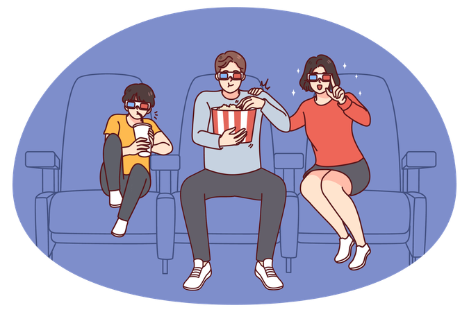Glückliche Familie mit Kind beim Filmschauen im Kino  Illustration