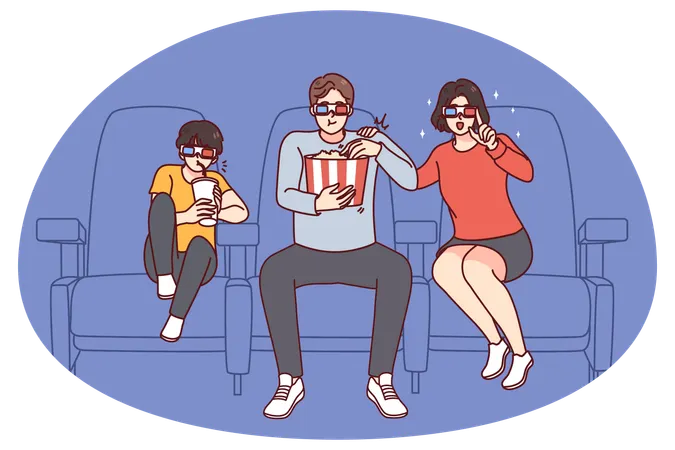 Glückliche Familie mit Kind beim Filmschauen im Kino  Illustration