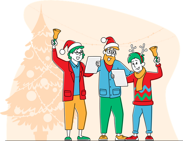 Glückliche Familie mit Weihnachtsmann- und Rentiermützen, die Weihnachtslieder singen und Glocken läuten  Illustration