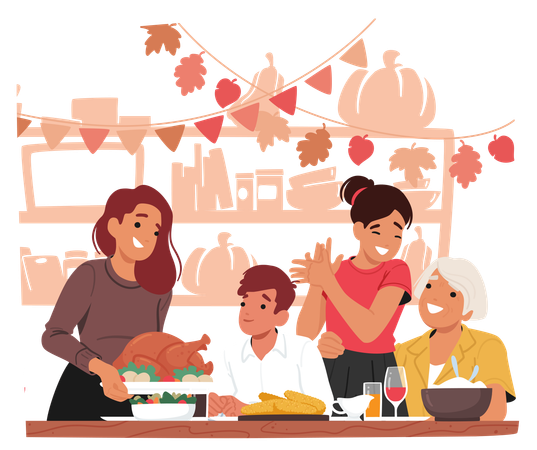 Glückliche Familie versammelt sich um den Tisch und genießt Thanksgiving-Dinner zu Hause  Illustration