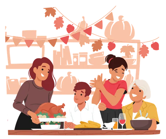 Glückliche Familie versammelt sich um den Tisch und genießt Thanksgiving-Dinner zu Hause  Illustration