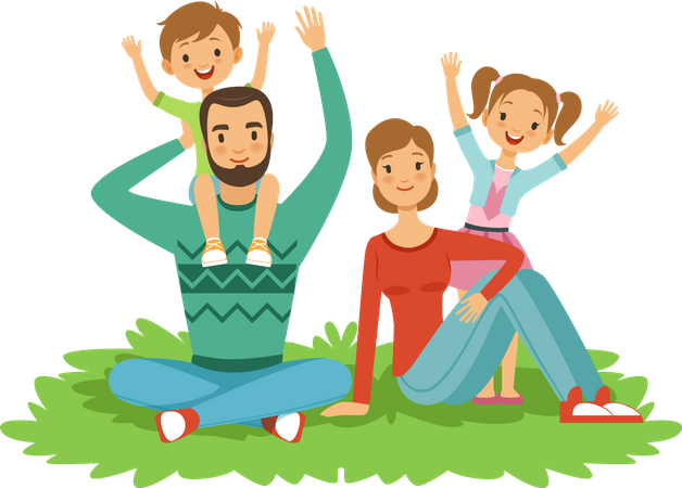 Glückliche Familie zu Fuß im Park sitzen  Illustration