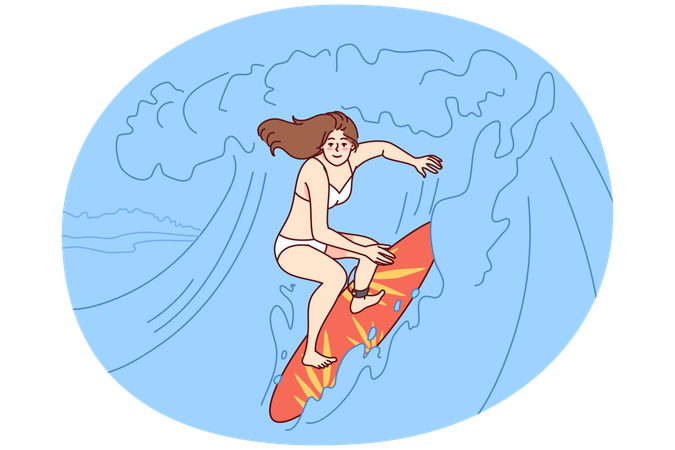 Glückliche Frau beim Surfen auf den Wellen im Ozean  Illustration