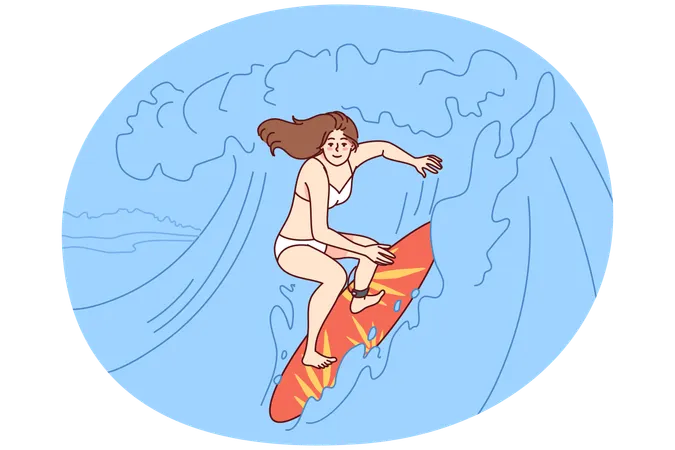 Glückliche Frau beim Surfen auf den Wellen im Ozean  Illustration