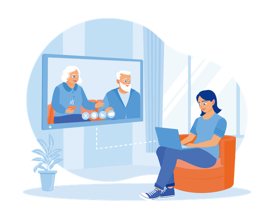 Glückliche Frau, die drinnen auf dem Sofa sitzt und einen Laptop hält, während sie per Videoanruf mit seinen Eltern kommuniziert  Illustration