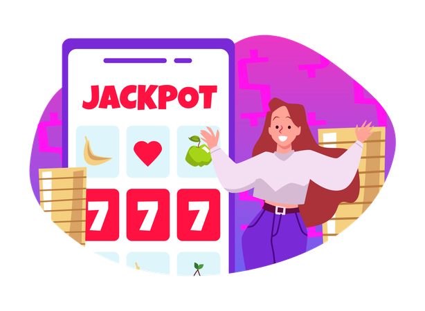 Glückliche Frau gewinnt Geldmünzen mit allen Siebener-Spin-Kombinationen  Illustration